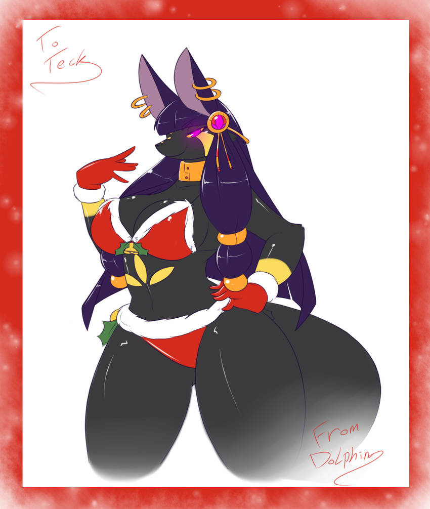 anthro anubian_jackal averyshadydolphin big_breasts bikini black_fur breasts canine cleavage clothed clothing costume ear_piercing fur gloves glowing glowing_eyes hair hand_on_hip huge_breasts jackal mammal piercing purple_eyes purple_hair santa_costume seshafi smile solo swimsuit teckworks thick_thighs