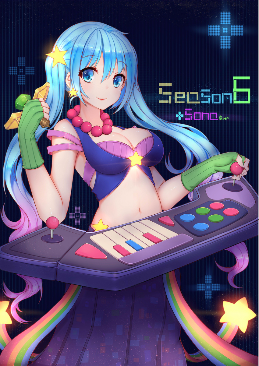 arcade_sona blue_eyes blue_hair breasts cleavage earrings gloves hanami_dango_(zzldango) highres jewelry league_of_legends long_hair md5_mismatch medium_breasts multicolored_hair necklace smile solo sona_buvelle star twintails ward