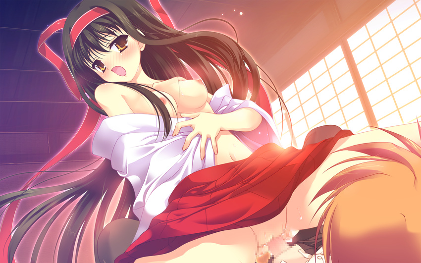 1girl black_hair breasts censored game_cg girl_on_top hetero highres japanese_clothes mikanagi_ibuki miko mosaic_censoring open_mouth penis prism_magical sex small_breasts solo_focus straddling tanihara_natsuki vaginal yellow_eyes