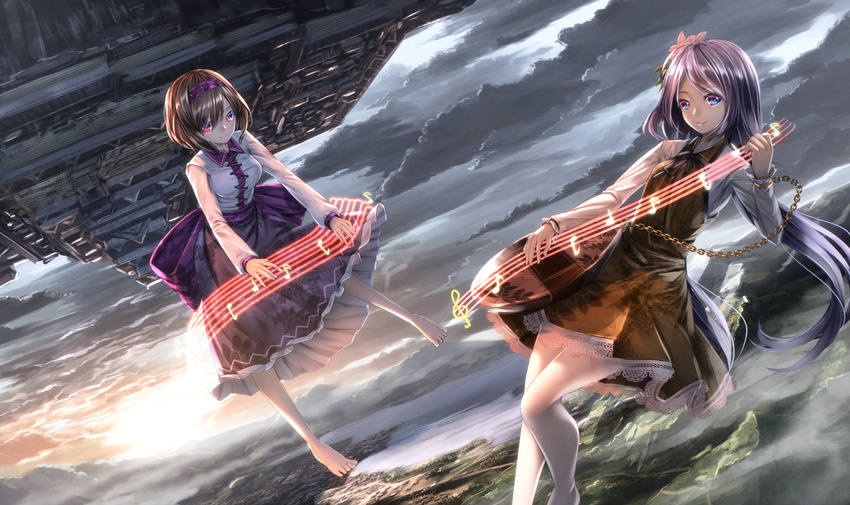 barefoot biwa_lute blue_eyes brown_hair chain cloud eighth_note flower flying hair_flower hair_ornament hairband highres instrument long_hair long_sleeves looking_at_viewer lute_(instrument) multiple_girls music musical_note outdoors playing_instrument purple_hair quarter_note red_eyes ryosios scenery shining_needle_castle short_hair sixteenth_note smile staff_(music) touhou treble_clef tsukumo_benben tsukumo_yatsuhashi