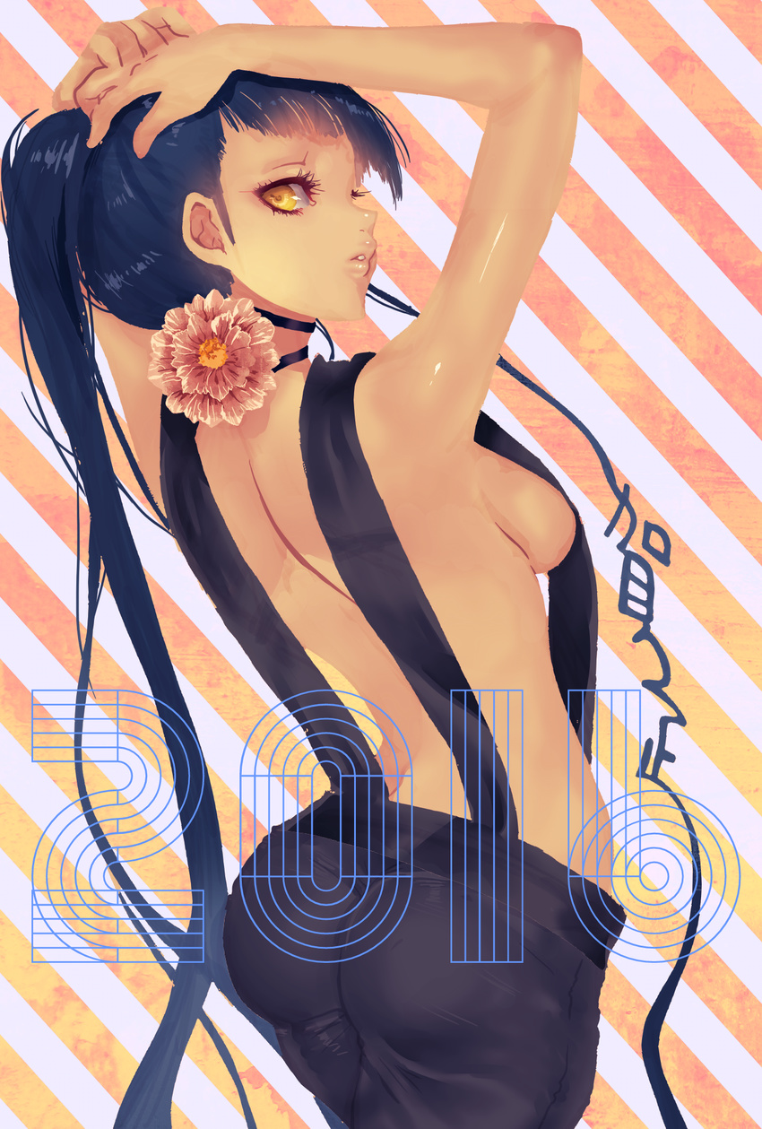 ass black_dress black_hair breasts dress flower highres lips long_hair looking_at_viewer looking_back medium_breasts original parted_lips ponytail sideboob solo tomohide yellow_eyes