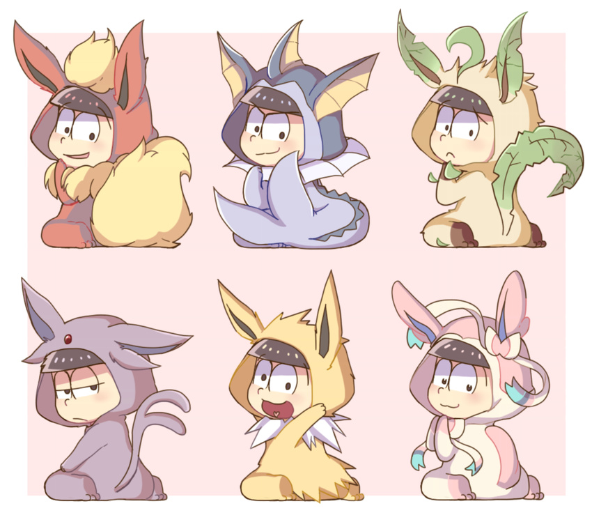 :3 animal_costume bangs black_eyes black_hair blunt_bangs blush brothers chibi closed_mouth cosplay espeon espeon_(cosplay) eyebrows eyebrows_visible_through_hair flareon flareon_(cosplay) forked_tail frown full_body gen_1_pokemon gen_2_pokemon gen_4_pokemon gen_6_pokemon half-closed_eyes heart heart_in_mouth jolteon jolteon_(cosplay) koineko_(aph0310) leafeon leafeon_(cosplay) looking_at_viewer male_focus matsuno_choromatsu matsuno_ichimatsu matsuno_juushimatsu matsuno_karamatsu matsuno_osomatsu matsuno_todomatsu multiple_boys osomatsu-kun osomatsu-san pink_background pokemon sextuplets siblings simple_background sitting sylveon sylveon_(cosplay) tail vaporeon vaporeon_(cosplay) wariza