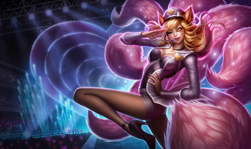 ahri animal_ears fox_ears fox_tail hat heart high_heels highres jewelry league_of_legends legwear_under_shorts michelle_hoefener necklace official_art one_eye_closed pantyhose pantyhose_under_shorts popstar_ahri shorts solo_focus tail