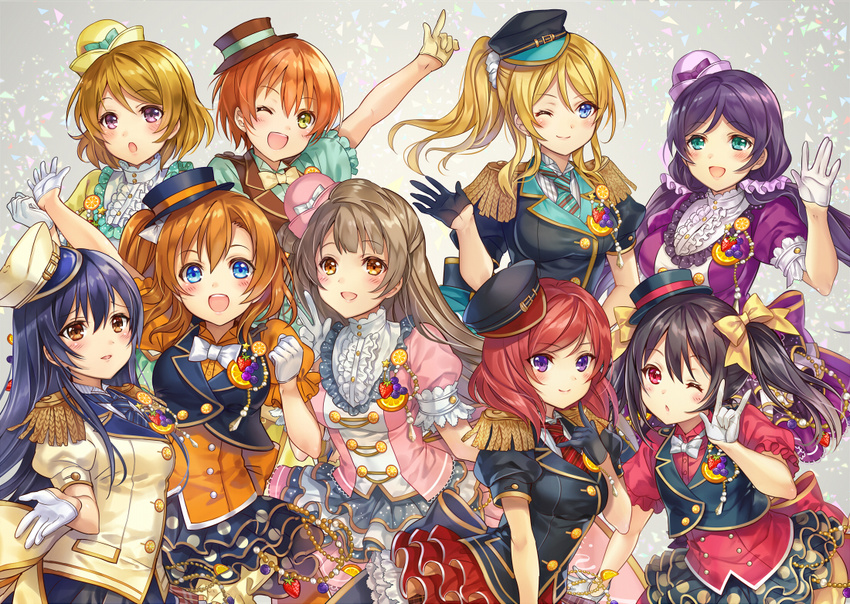 :d ;) ;d ;o \m/ \||/ aqua_eyes aqua_neckwear arms_up ayase_eli bangs beads black_gloves black_hair blonde_hair blue_hair blue_neckwear bow bowtie brown_hair buttons center_frills clenched_hand collared_shirt double-breasted dress_shirt epaulettes food food_themed_ornament frilled_skirt frilled_sleeves frills fruit gloves grey_background hair_between_eyes hair_bow hair_ornament hair_scrunchie half_gloves hat hat_bow hat_ribbon hoshizora_rin index_finger_raised jacket koizumi_hanayo kousaka_honoka layered_skirt long_hair love_live! love_live!_school_idol_project low_twintails madogawa minami_kotori miniskirt multiple_girls necktie nishikino_maki one_eye_closed one_side_up open_mouth orange orange_hair orange_slice peaked_cap pink_hat pink_scrunchie pointing pointing_up polka_dot_skirt puffy_short_sleeves puffy_sleeves purple_bow purple_eyes purple_hat reaching red_hair red_neckwear red_shirt red_skirt revision ribbon scrunchie shirt short_hair short_sleeves skirt smile sonoda_umi spread_fingers striped striped_neckwear striped_shirt swept_bangs top_hat toujou_nozomi twintails vest white_bow white_gloves white_neckwear white_scrunchie yazawa_nico yellow_bow yellow_eyes yellow_gloves yellow_hat yellow_neckwear