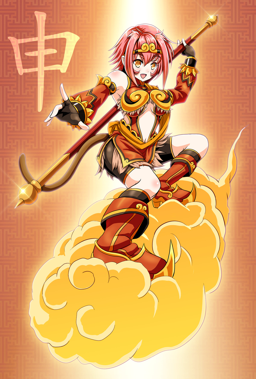 :d breasts brown_eyes chinese_zodiac cleavage fingerless_gloves flying_nimbus genderswap genderswap_(mtf) gloves hairband highres holding journey_to_the_west looking_at_viewer medium_breasts monkey_tail navel open_mouth original pink_hair short_hair smile solo staff sun_wukong tail tk8d32 year_of_the_monkey