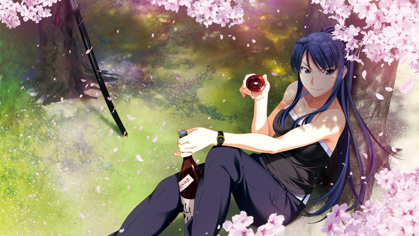 alcohol blue_eyes blue_hair breast_hold breasts cup game_cg grisaia_(series) grisaia_no_meikyuu highres holding holding_cup katana kusakabe_asako long_hair outdoors ponytail sake sitting solo sword watanabe_akio weapon