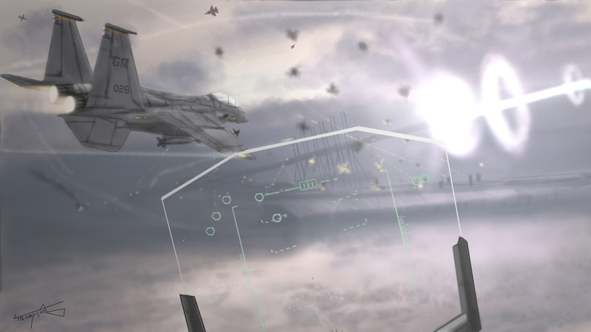 ace_combat_6 artist_name cloud cockpit condensation_trail explosion f-15_eagle firing flying fog gun heads-up_display no_humans pov ring_of_fire rocket su-33 thompson weapon