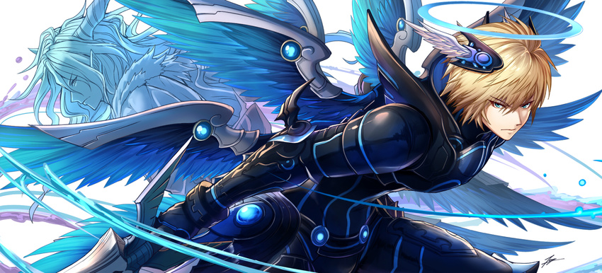 archangel_lucifer archdemon_lucifer_(p&amp;d) bangs blonde_hair blue_eyes blue_wings closed_mouth feathered_wings fur_trim gauntlets glowing hair_between_eyes halo head_wings holding holding_sword holding_weapon horns light_frown long_hair male_focus multiple_boys multiple_wings puzzle_&amp;_dragons revision sword tenyo0819 visible_air water weapon wings
