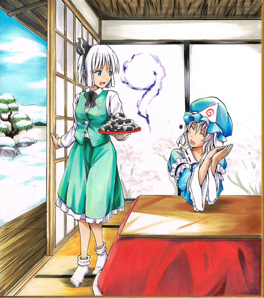 :d ^_^ closed_eyes food green_eyes hat highres indoors japanese_clothes koji_(koji-a) konpaku_youmu konpaku_youmu_(ghost) kotatsu long_sleeves marker_(medium) multiple_girls obi onigiri open_mouth pink_hair plate ribbon saigyouji_yuyuko sash shikishi shirt short_hair silver_hair sitting skirt smile snow socks table touhou traditional_media tree triangular_headpiece vest white_legwear