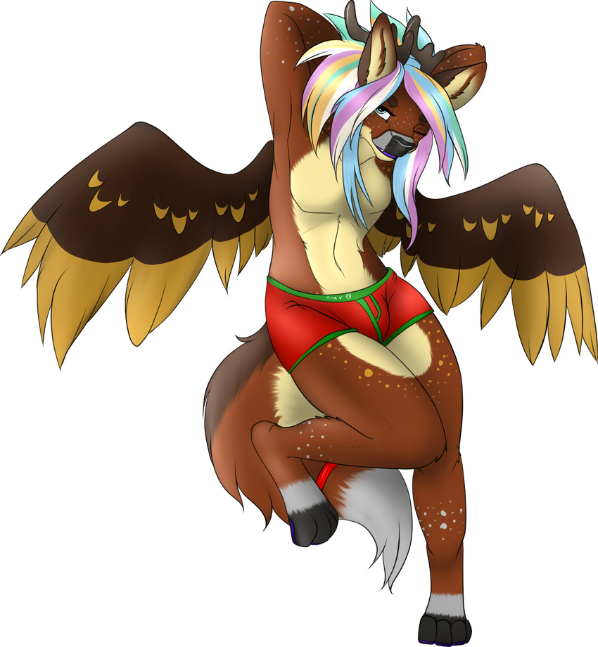 2015 anthro antlers aven-fawn ayavale bell cervine clothed clothing deer feathered_wings feathers girly green_eyes hair hi_res horn long_hair male mammal multicolored_hair peryton solo spots tail_bell underwear wings