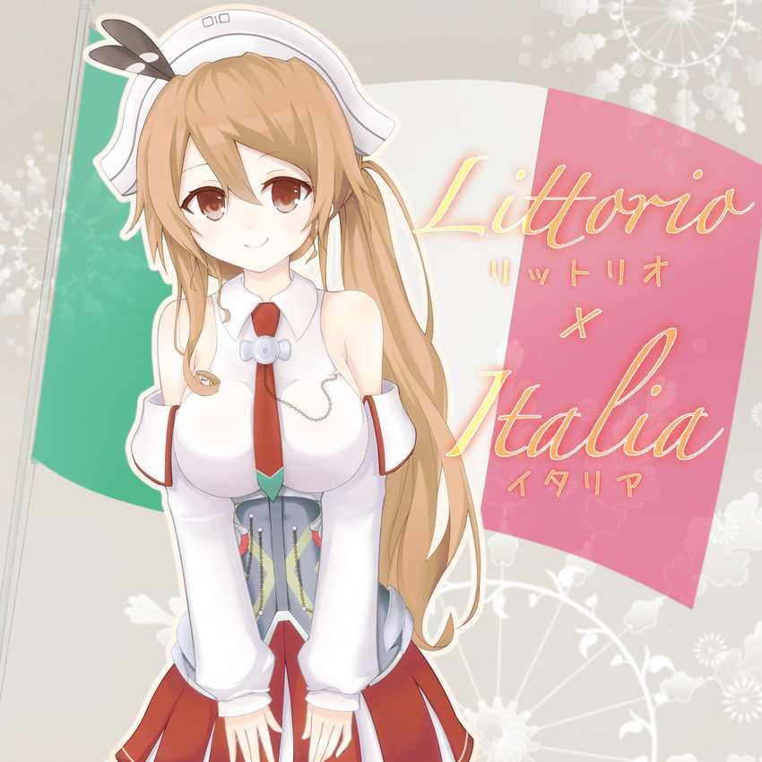 absurdres brown_eyes brown_hair detached_sleeves headgear highres italia_(kantai_collection) italian_flag italy kantai_collection littorio_(kantai_collection) long_hair looking_at_viewer namesake side_ponytail smile solo v_arms yamiarisu