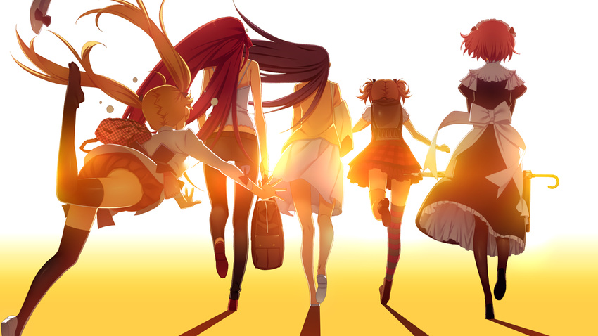 ahoge asymmetrical_legwear backlighting backpack bag black_footwear black_hair black_legwear black_pants black_ribbon blonde_hair blouse bow brown_footwear camisole checkered closed_umbrella falling floating_hair from_behind game_cg grisaia_(series) grisaia_no_rakuen hair_ribbon handbag holding holding_bag holding_umbrella irisu_makina komine_sachi long_hair long_sleeves maid maid_headdress matsushima_michiru miniskirt multiple_girls no_socks outstretched_arms outstretched_hand pants pantyhose pink_hair plaid plaid_skirt pleated_skirt puffy_short_sleeves puffy_sleeves purple_hair red_hair ribbon sakaki_yumiko shadow shirt shoe_bow shoe_loss shoes short_hair short_sleeves short_twintails single_shoe skirt sleeveless striped striped_legwear sunset suou_amane thighhighs tripping twintails umbrella very_long_hair walking wallpaper watanabe_akio white_footwear white_shirt white_skin white_skirt yellow_legwear