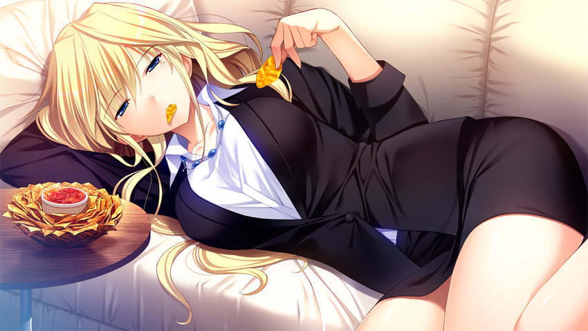 blonde_hair blue_eyes dress_shirt eating formal fumio_(ura_fmo) game_cg grisaia_(series) grisaia_no_rakuen harudera_yuria indoors long_hair looking_at_viewer lying mole mole_under_eye on_side pencil_skirt shirt skirt skirt_suit solo suit