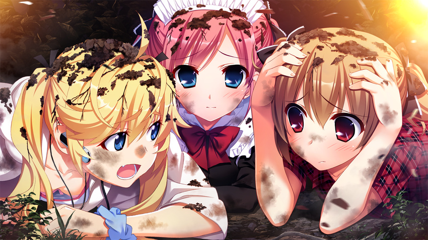 black_ribbon blonde_hair blue_eyes bra breasts brown_hair fumio_(ura_fmo) game_cg grisaia_(series) grisaia_no_rakuen hair_ribbon hand_on_own_head irisu_makina komine_sachi long_hair lying maid_headdress matsushima_michiru multiple_girls on_stomach open_mouth outdoors pink_bra pink_hair red_eyes ribbon short_hair small_breasts underwear watanabe_akio