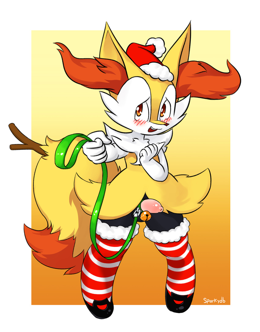 2015 anthro balls bell black_fur blush braixen canine christmas clothing erection footwear front_view fur hat holidays leash legwear looking_at_viewer male mammal multicolored_fur nintendo offering open_mouth penis penis_leash pok&eacute;mon santa_hat shoes smile solo sparkydb standing stockings thigh_highs video_games white_fur yellow_fur