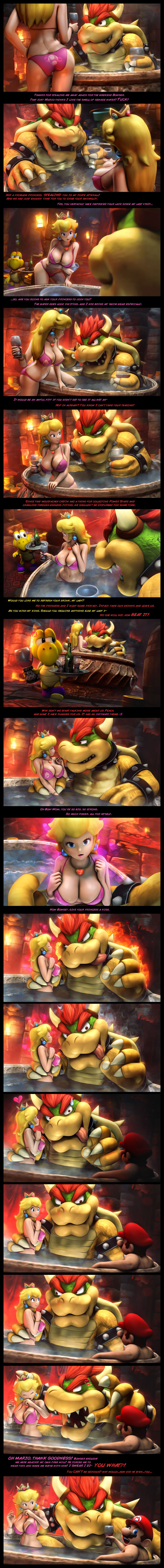 &lt;3 alcohol angry anthro bare_shoulders beverage bikini blonde_hair blue_eyes bowser breasts brown_hair butt cleavage clothed clothing comic crown english_text female fire first_person_view food footwear hair half-closed_eyes hi_res horn hot_tub human jewelry koopa_troopa long_hair male mammal mario mario_bros naughty_face necklace nintendo open_mouth pipe princess_peach red_eyes red_hair reptile saliva scalie short_hair steam swimsuit text tongue tongue_out turtle urbanator video_games water