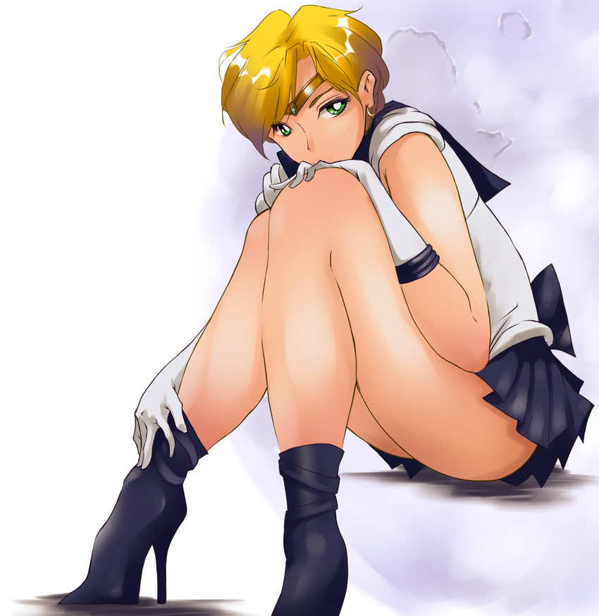 bishoujo_senshi_sailor_moon blonde_hair blue_sailor_collar circlet crater earrings gloves green_hair high_heels highres jewelry knees_together_feet_apart miniskirt sailor_collar sailor_senshi_uniform sailor_uranus saitou_(sugarsa10) short_hair sitting skirt solo ten'ou_haruka very_short_hair