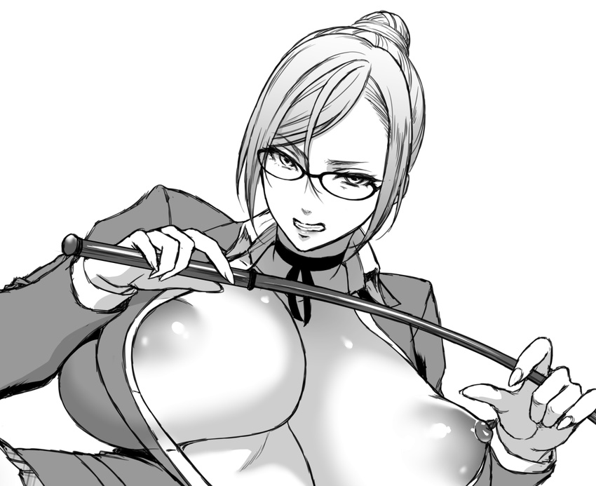 areola_slip areolae breasts choker cleavage clenched_teeth glasses greyscale hair_bun large_breasts looking_at_viewer monochrome nipples open_clothes open_shirt prison_school riding_crop shiraki_meiko shirt solo teeth usagi_nagomu