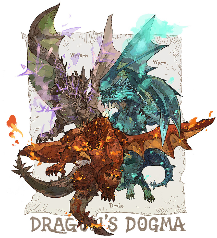capcom dragon dragon's_dogma dragons_dogma electricity feral fire green_eyes group horn lightning purple_eyes red_eyes reptile scalie simple_background spikes video_games western_dragon wings