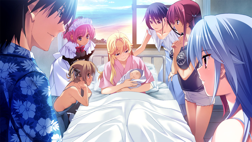 6+girls baby black_hair breasts brown_hair fumio_(ura_fmo) grisaia_(series) grisaia_no_rakuen indoors irisu_makina kazami_kazuki kazami_yuuji komine_sachi large_breasts long_hair maid maid_headdress matsushima_michiru medium_breasts multiple_girls naked_overalls nipples overalls pink_hair purple_hair sakaki_yumiko short_hair shorts silver_hair small_breasts smile suou_amane tan watanabe_akio