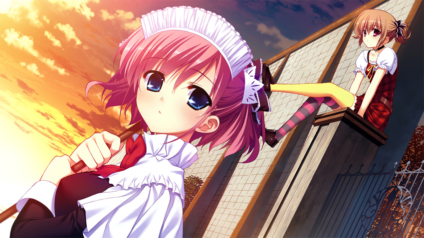 asymmetrical_legwear blue_eyes brown_hair fumio_(ura_fmo) game_cg grisaia_(series) grisaia_no_rakuen irisu_makina komine_sachi looking_at_viewer maid maid_headdress multiple_girls outdoors pink_hair red_eyes short_hair sitting striped striped_legwear thighhighs yellow_legwear