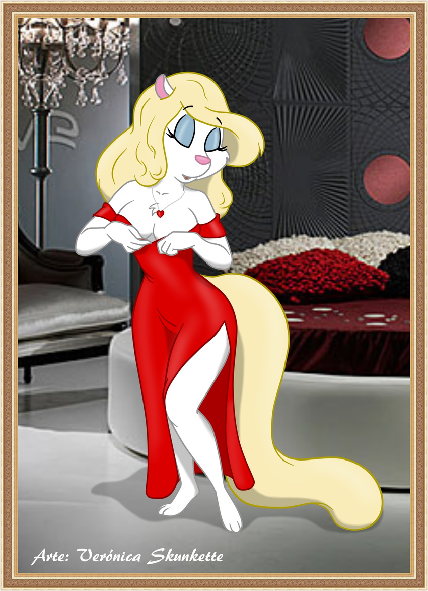 animaniacs blonde_hair breasts cleavage clothed clothing detailed_background dress eyes_closed female fur hair jewelry large_boobs mammal minerva_mink mink mustelid photo_background solo split standing undressing veronicaskunkette warner_brothers white_fur