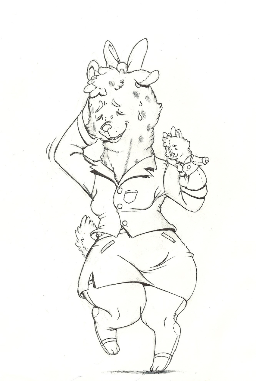 anthro bow breasts clothing eyes_closed female footwear hi_res hyena mammal mon311 nervous nora_chort poppy_opossum puppet sandals smile solo sweat teacher