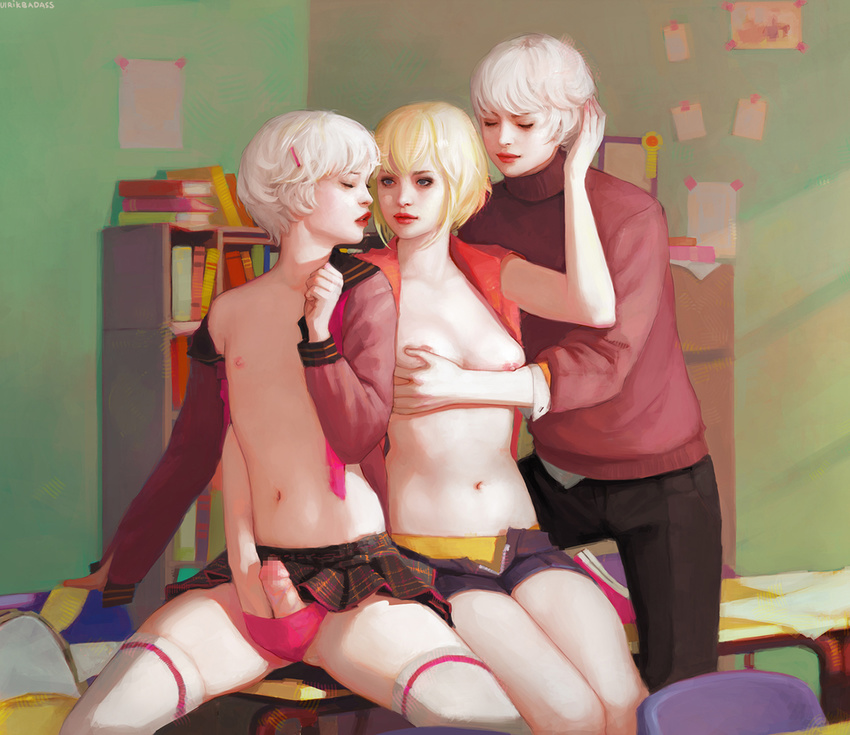 2boys albino arm_support bad_id bad_pixiv_id book bookshelf breast_grab breasts censored closed_eyes collarbone crossdressing erection grabbing grey_eyes hair_ornament hairclip hand_in_panties lipstick makeup medium_breasts mosaic_censoring multiple_boys navel nipples open_clothes open_fly open_shirt otoko_no_ko panties pants parted_lips penis profile shelf shirt short_hair shorts siblings sitting spread_legs sweater thighhighs twins ulrik underwear unzipped white_hair