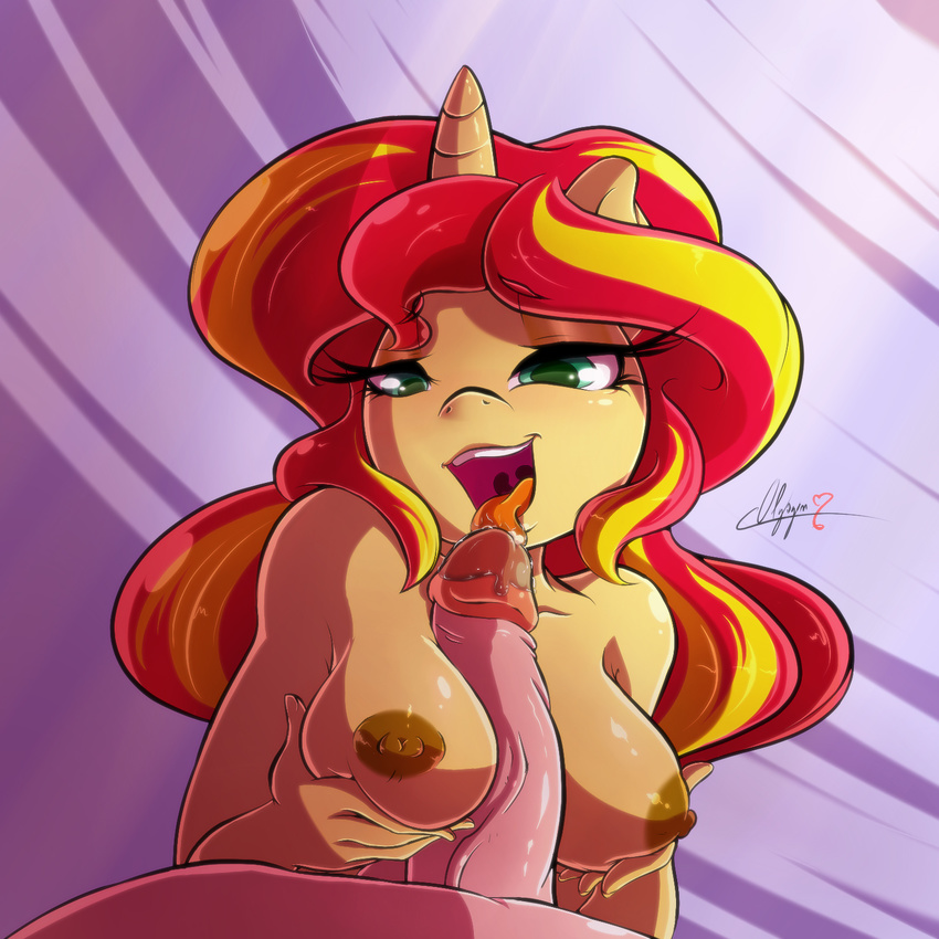 2016 anthro areola balls big_breasts breasts equestria_girls equine erect_nipples erection female horn human licking male mammal my_little_pony nipples olyagon33 oral penis penis_lick sex sunset_shimmer_(eg) titfuck tongue tongue_out unicorn