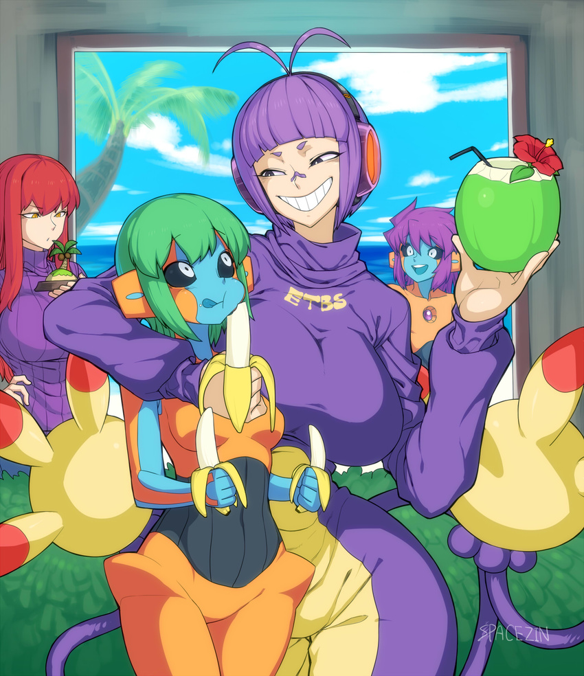 ambipom antenna_hair arm_around_neck banana bandaid bandaid_on_nose biriri-ane_(space_jin) black_sclera blue_skin breasts coconut commentary deoxys drinking_straw eating food fruit fruit_cup gen_3_pokemon gen_4_pokemon green_hair headphones highres large_breasts multiple_girls multiple_tails orange_skin original palm_tree personification pokemon purple_hair red_hair silver_eyes smile space_jin tail tongue tongue_out tree yellow_eyes