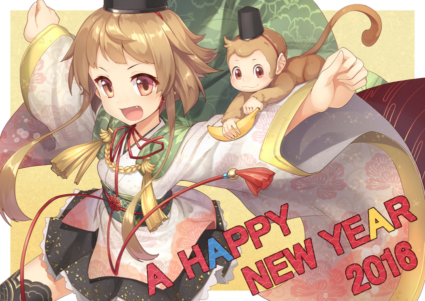 2016 brown_hair fang happy_new_year hat highres japanese_clothes looking_at_viewer monkey new_year open_mouth original outstretched_arms red_eyes shinonome_haru short_hair solo tate_eboshi wide_sleeves