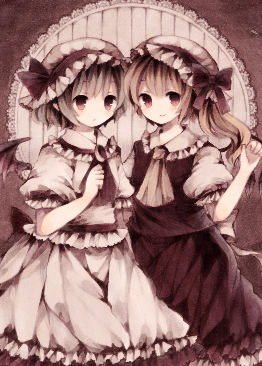 ascot bad_id bad_pixiv_id bat_wings blonde_hair bow brooch dress flandre_scarlet hat hat_bow hat_ribbon highres jewelry looking_at_viewer mob_cap multiple_girls puffy_sleeves red_dress remilia_scarlet ribbon sash shirt short_sleeves siblings silver_hair sisters sitting smile touhou white_dress wings wiriam07