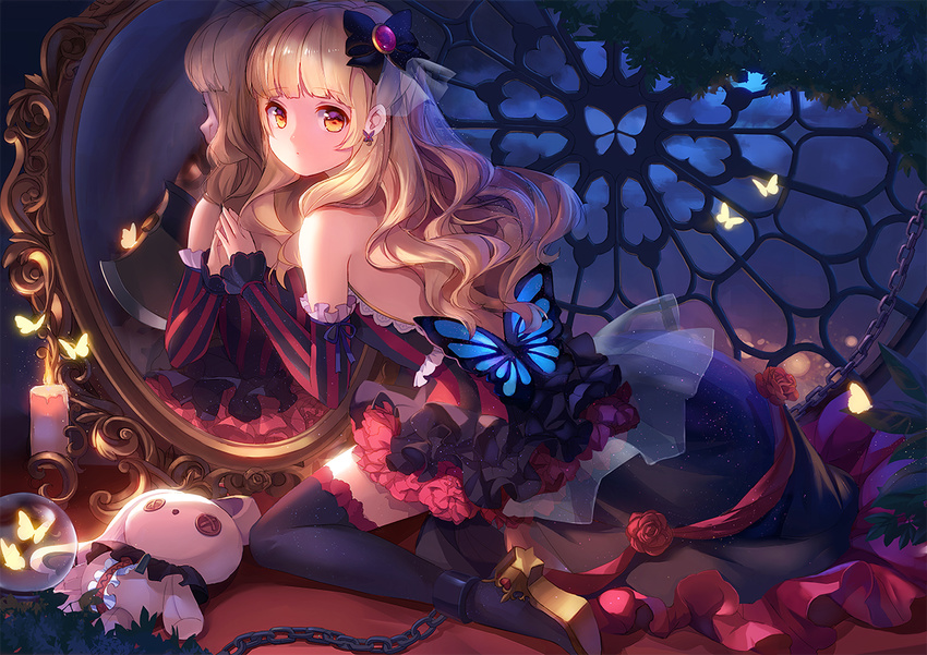 axe bad_id bad_pixiv_id black_legwear blonde_hair bug butterfly chain chained dress earrings high_heels insect jewelry long_hair mayu_(vocaloid) mirror night orange_eyes revision sky solo stellarism stuffed_animal stuffed_bunny stuffed_toy thighhighs usano_mimi vocaloid weapon