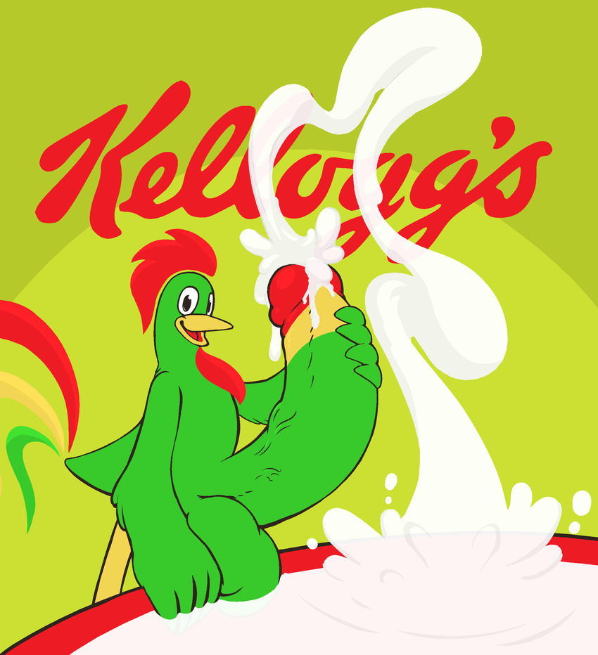 2013 anthro avian balls big_balls bird chicken corn_flakes cornelius_(kellogg's) cum cumshot erection green_body huge_balls hyper hyper_penis looking_at_viewer male mascot masturbation milk open_mouth orgasm penis simple_background smile solo vein yowesephth