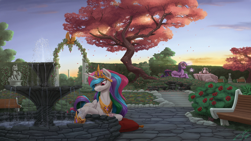 1jaz 2015 bench crown equine female flower fountain friendship_is_magic garden gold_(metal) horn jewelry mammal my_little_pony necklace plant princess_celestia_(mlp) rose tea_cup tea_pot tree twilight_sparkle_(mlp) winged_unicorn wings