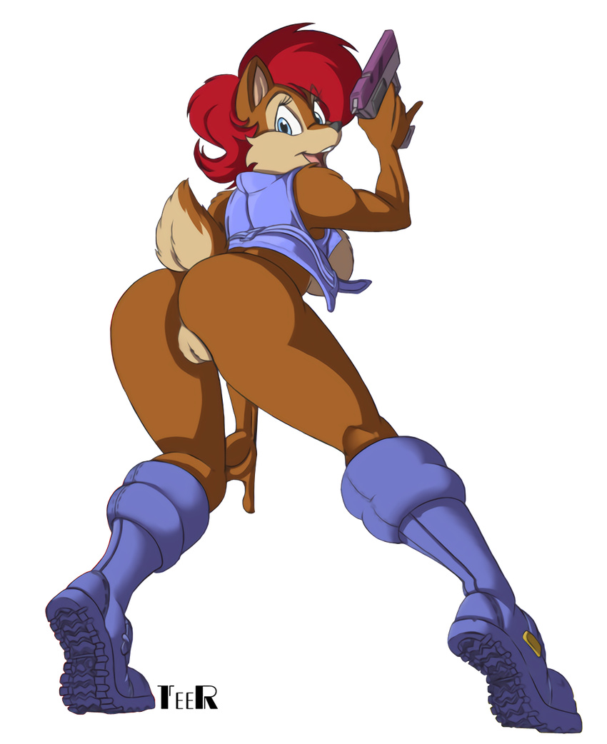 2013 alpha_channel anthro boots breasts brown_fur butt chipmunk clothing edit female footwear fur gun handgun looking_back mammal open_mouth pistol pussy raised_tail ranged_weapon rodent sally_acorn side_boob solo sonic_(series) teer vest weapon