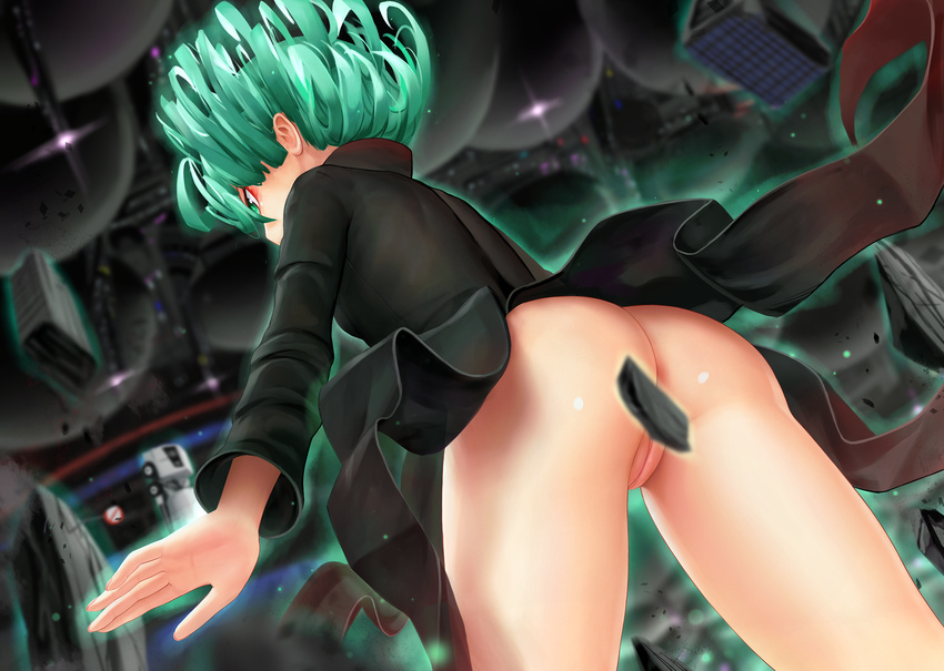 aki99 ass black_dress convenient_censoring curly_hair dress from_below glowing green_eyes green_hair highres md5_mismatch no_panties one-punch_man pussy revision rubble short_hair solo space_craft tatsumaki telekinesis uncensored