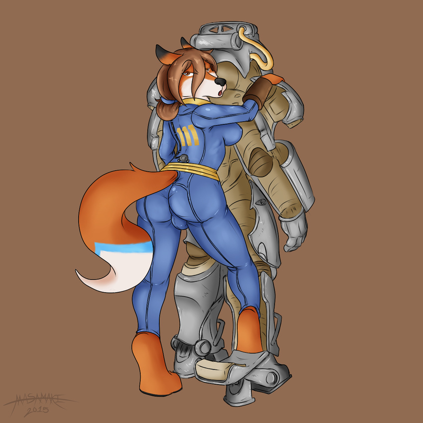 2015 anthro balls big_breasts breasts butt canine clothed clothing crossover dickgirl fallout fur hair intersex looking_at_viewer machine mammal masamaki power_armor side_boob simple_background skin_tight_suit video_games