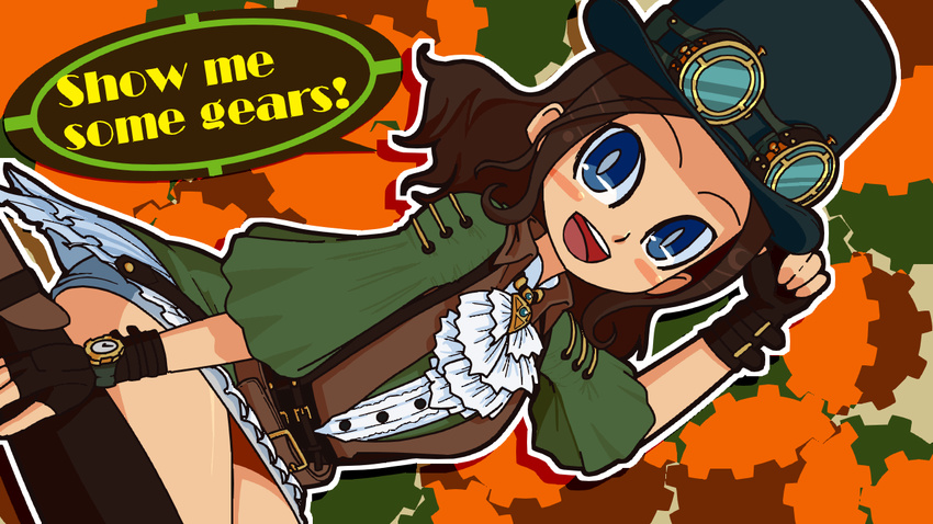 blue_eyes blush brown_hair fingerless_gloves gloves goggles goggles_on_headwear hair_ornament hat liczka looking_at_viewer skirt smile solo steampunk steampunker_(terraria) terraria thighhighs watch