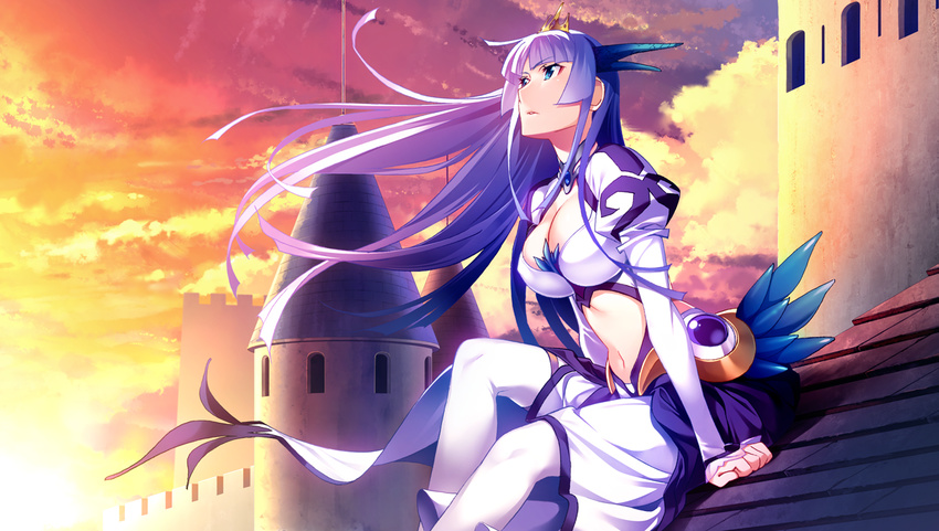 blue_eyes blue_hair breasts cleavage cloud crown dragon_girl dress game_cg hatsuru_koto_naki_mirai_yori horns ino large_breasts long_hair long_sleeves looking_afar navel_cutout parted_lips puffy_long_sleeves puffy_sleeves rooftop sitting sitting_on_roof solo sunset thighhighs white_legwear wind yukikaze_geneblood