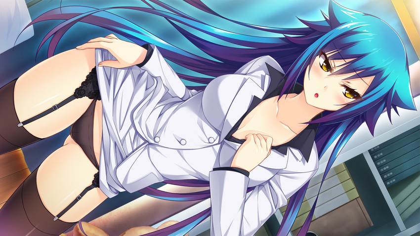 :o amagai_yukino black_legwear black_panties blue_hair blush contrapposto dutch_angle game_cg garter_straps haga_neko hair_flaps long_hair looking_to_the_side panties pencil_skirt ringed_eyes skirt skirt_lift skirt_set solo standing thighhighs tsuyokiss tsuyokiss_festival underwear very_long_hair yellow_eyes