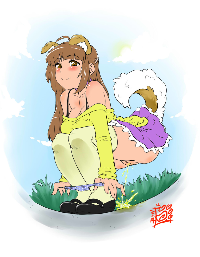 animal_humanoid blush breasts brown_eyes brown_hair butt canine cleavage clothed clothing dog dog_humanoid female hair humanoid long_hair mammal mrbowater outside panties peeing pussy skirt skirt_lift solo underwear undressing urine