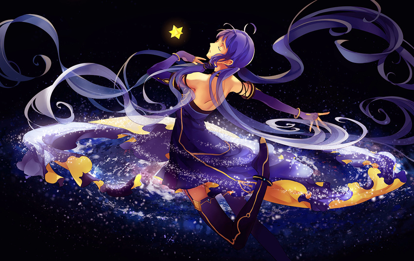 black_legwear blue_dress blue_hair closed_eyes detached_sleeves dress elbow_gloves feng_you fingerless_gloves garter_straps gloves long_hair purple_hair purple_legwear quad_tails solo stellated_octahedron thighhighs very_long_hair vocaloid xingchen