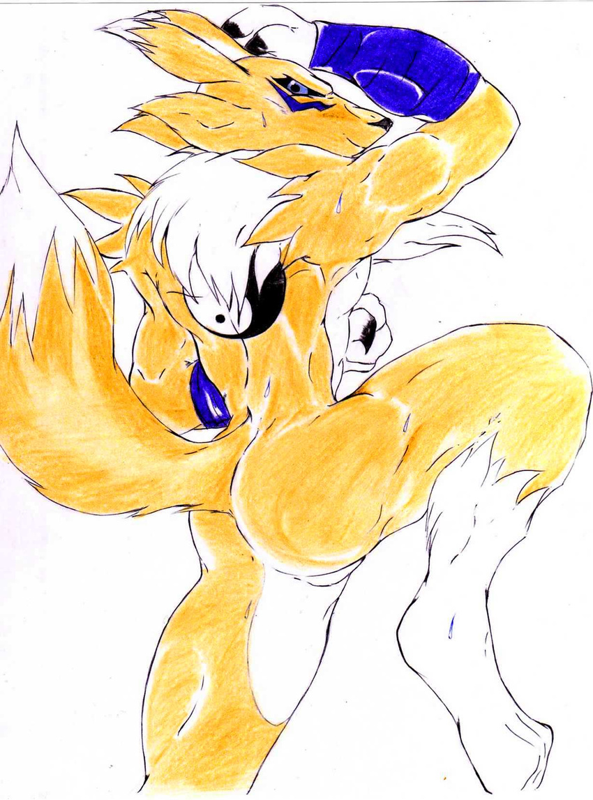 abs anthro arm_above_head arm_wraps athletic biceps black_nose black_sclera blue_eyes bulge butt canine darkstart001 digimon digitigrade exercise featureless_crotch fox fur looking_at_viewer male mammal muscular muscular_male pose renamon simple_background smile solo sweat tattoo white_background white_fur workout yellow_fur yin_yang