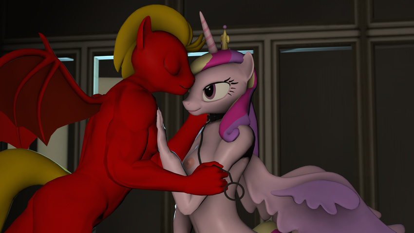 2015 bdsm bondage bound breasts cgi collar crown descension_(mlp) digital_media_(artwork) duo equine eyes_closed fan_character female friendship_is_magic generalthunderbat horn leash male male/female mammal mohawk my_little_pony nipples nude pegasus princess_cadance_(mlp) smile source_filmmaker unicorn winged_unicorn wings