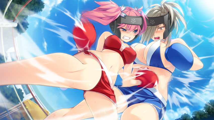 :o amagai_yukino bare_shoulders blue_eyes blue_sky blush boxing boxing_gloves boxing_headgear boxing_ring boxing_shorts breasts clenched_teeth cloud day eyebrows eyebrows_visible_through_hair folded_ponytail from_below game_cg hair_between_eyes hair_over_one_eye kiriya_kachiki large_breasts lens_flare looking_down motion_blur multiple_girls navel open_mouth outdoors pink_hair platinum_blonde_hair ponytail punching short_hair shorts sideboob sky sports_bra sportswear stomach stomach_punch strap_gap sunlight teeth thighs tree tsukugami_kitsune tsuyokiss tsuyokiss_festival twintails two_side_up v-shaped_eyebrows yellow_eyes
