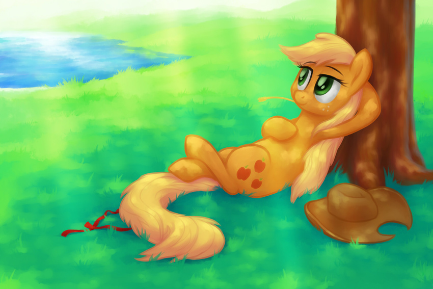 2014 applejack_(mlp) blonde_hair cowboy_hat cutie_mark equine female feral freckles friendship_is_magic fur grass green_eyes hair hat hi_res horse mammal my_little_pony orange_fur outside pony tree verulence water