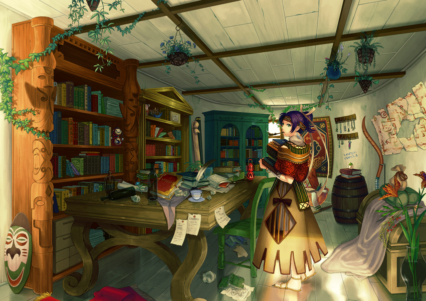 androgynous asuteka bad_id bad_pixiv_id barrel book book_stack bookshelf bottle carrying chair crumpled_paper cup earrings feather_earrings flower green_eyes hair_ornament hanging_plant harp headband highres instrument jewelry kiseru lantern light note original paper pen pipe plant plate purple_hair sandals scroll smoke solo tape teacup window wine_bottle
