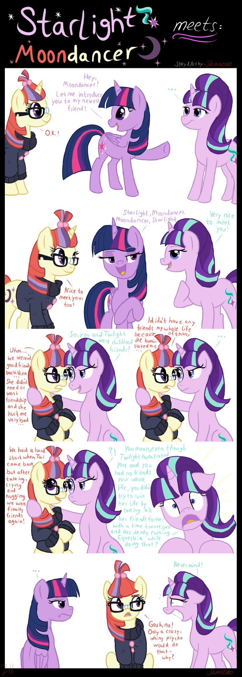 2015 blue_eyes comic cutie_mark dialogue english_text equine eyewear female feral friendship_is_magic fur glasses hair hi_res horn mammal moondancer_(mlp) multicolored_hair my_little_pony pink_fur purple_eyes purple_fur shimazun starlight_glimmer_(mlp) text twilight_sparkle_(mlp) unicorn winged_unicorn wings yellow_fur