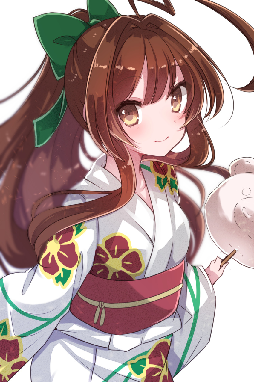 ahoge brown_eyes brown_hair cotton_candy highres japanese_clothes kantai_collection kimono kuma_(kantai_collection) long_hair smile solo takeshima_(nia) yukata